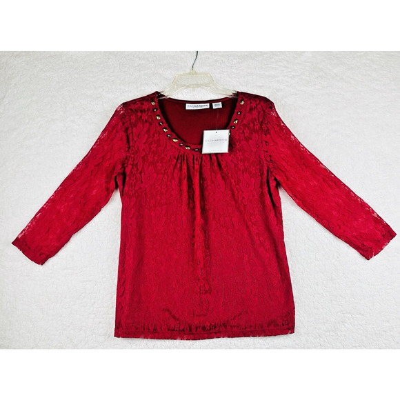 Sag Harbor Stretch Lace Floral Overlay Blouse Berry Women's Size Medium NEW - Picture 1 of 8